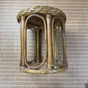 VTG rattan wicker stool plant stand 12" Round Bamboo Mid Century